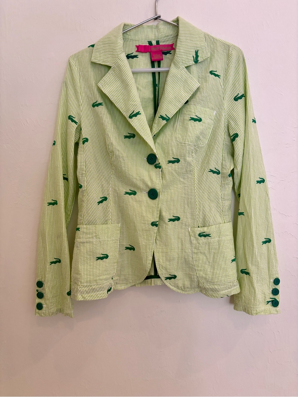 BB Dakota Blazer Green Seersucker Alligator Print Embroidered Women’s Sz M